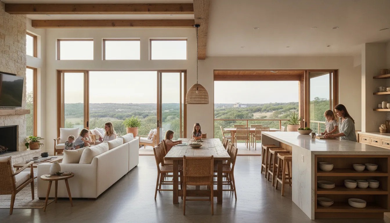 Open concept custom home living area in New Braunfels