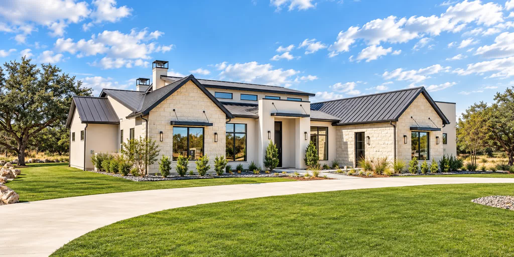 A welcoming custom home exterior in the Texas Hill Country near New Braunfels