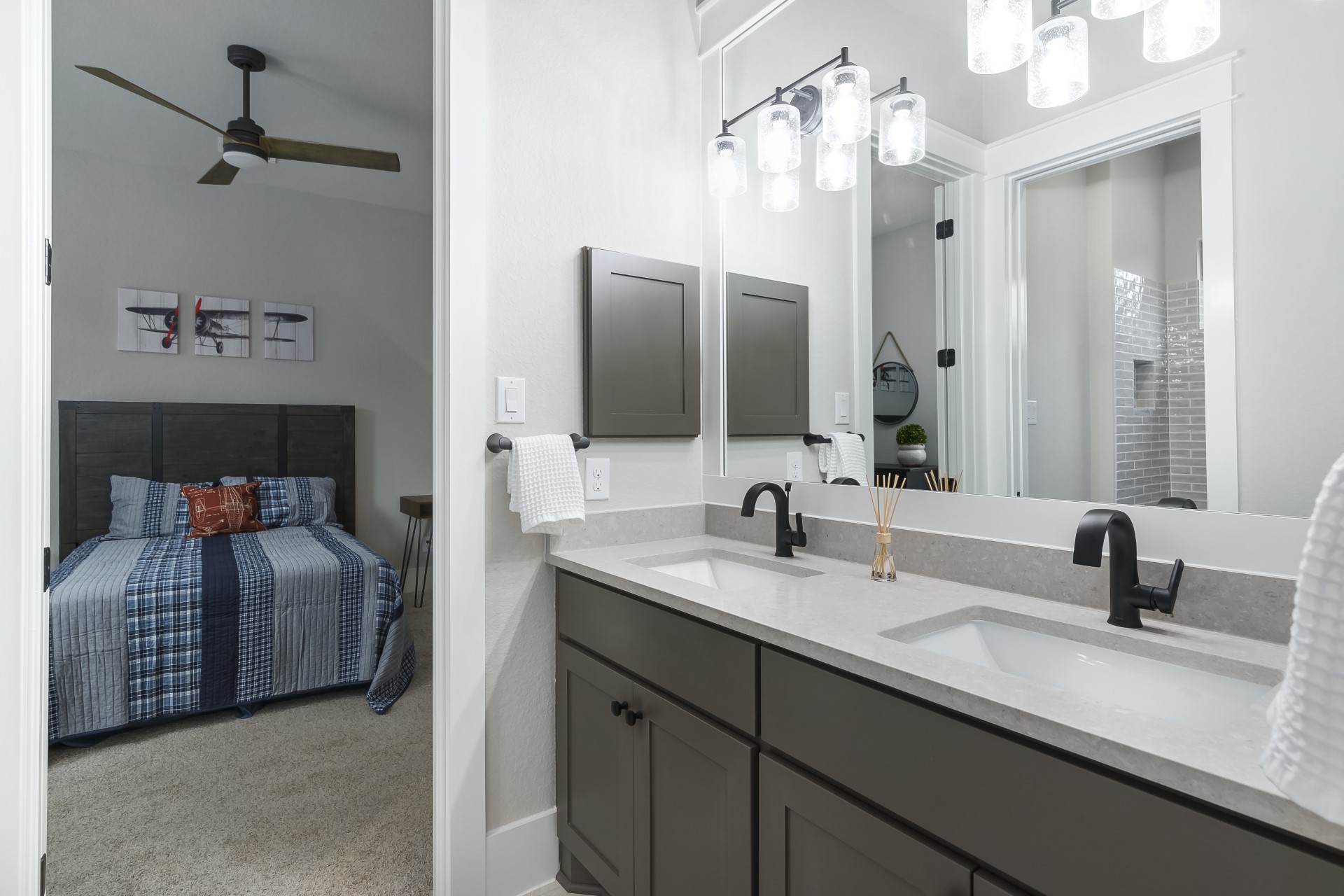 A side view of the three bedroom bathroom within the Belle Oaks custom floor plan from JLP Builders