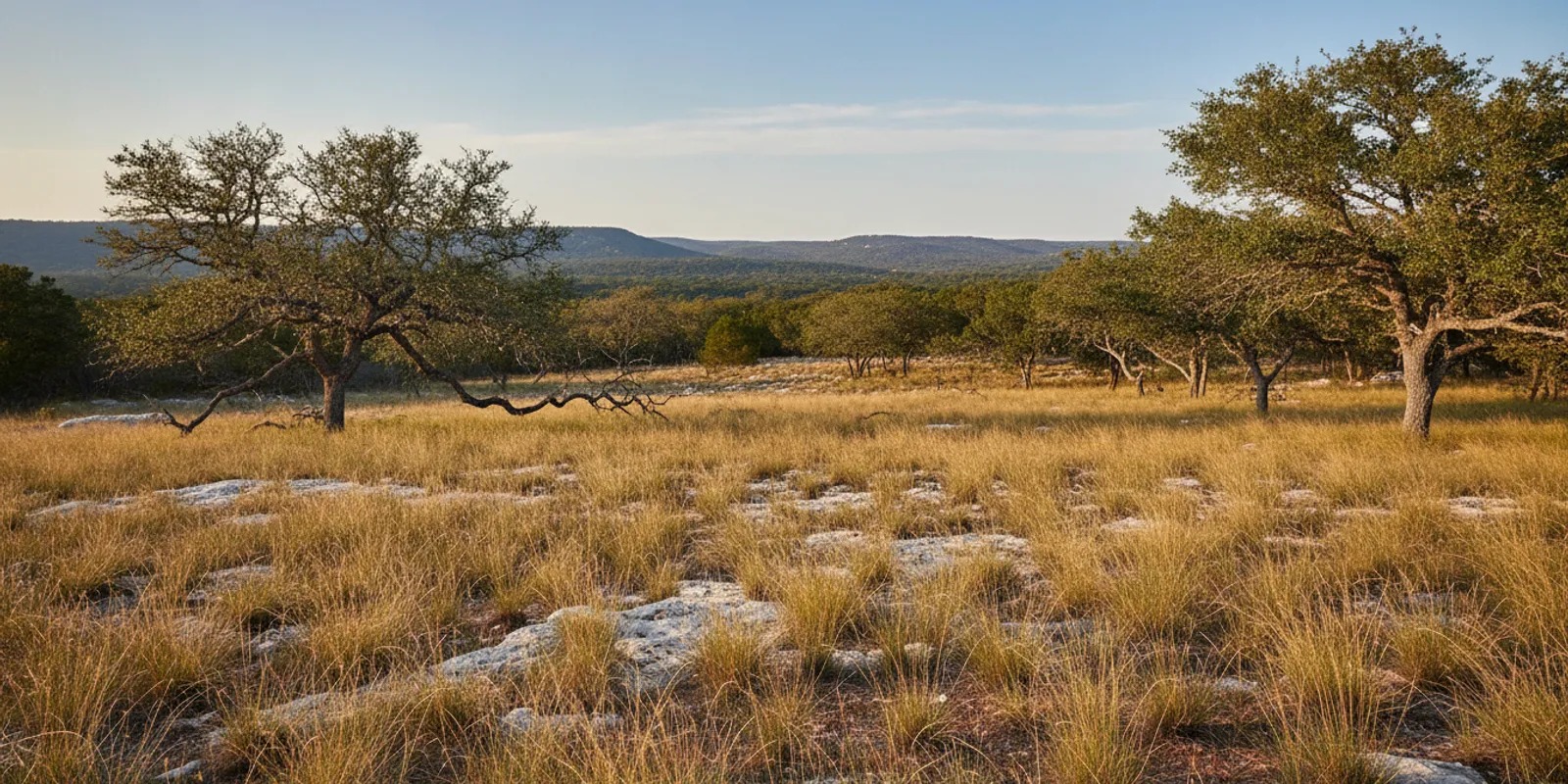 A wooded Texas Hill Country homesite with a gentle slope and distant limestone hills