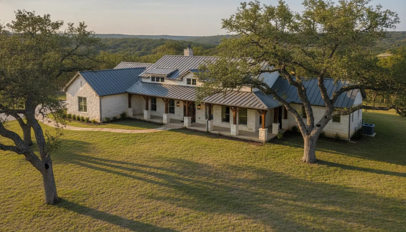 Limestone custom home on a large oak-shaded lot in the Texas Hill Country